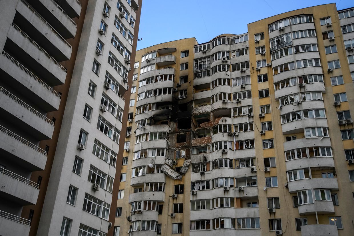 An apartment block in the Solomianskyi district is seen damaged by an overnight Russian attack in Kyiv, Ukraine, on June 6, 2025.