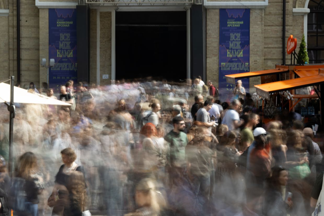 People attend the 13th International Book Arsenal Festival in Kyiv, Ukraine, on May 31, 2025. 