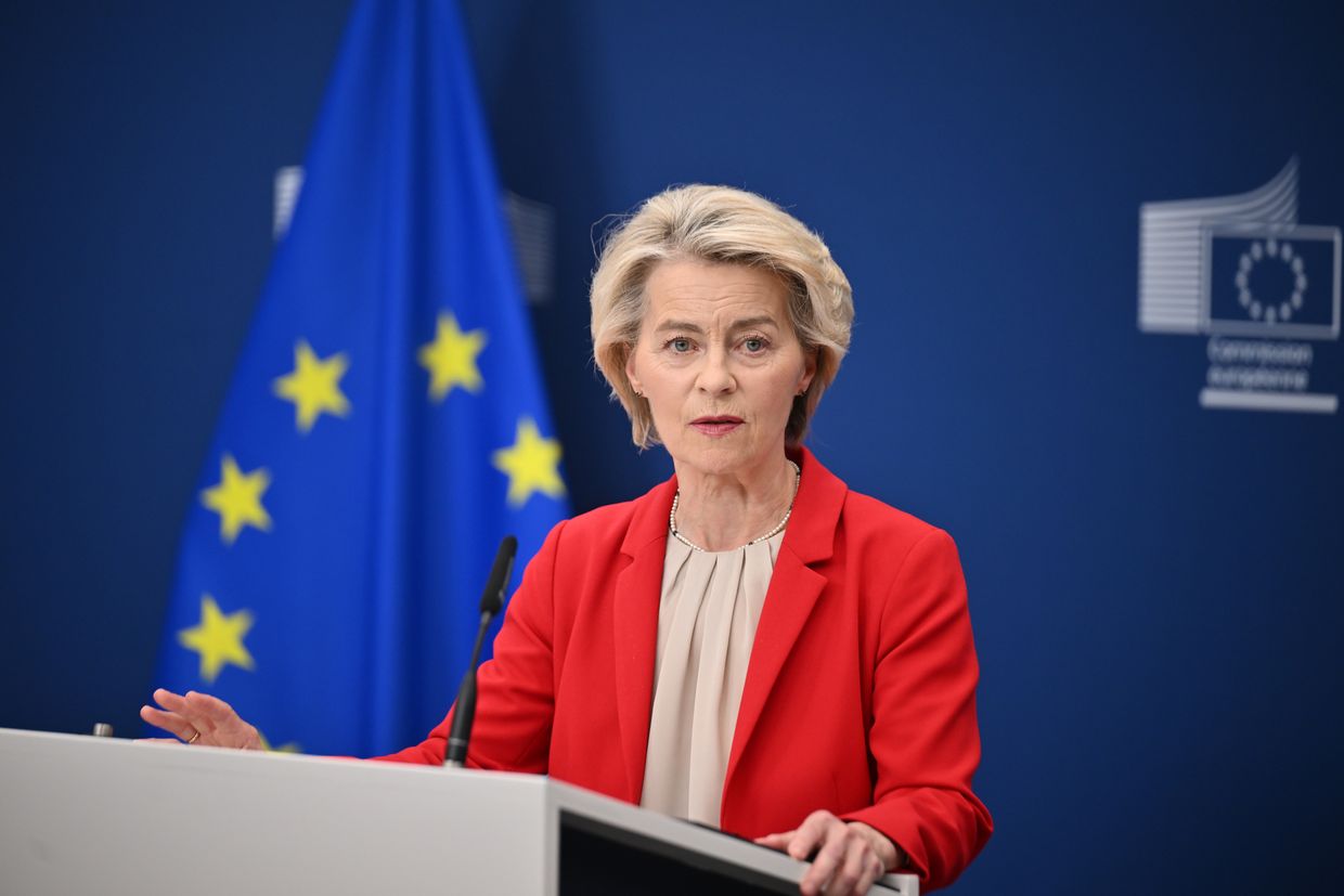 EU Commission President Ursula von der Leyen speaks during a joint press conference on the 18th sanctions package against Russia in Brussels, Belgium, on June 10, 2025.