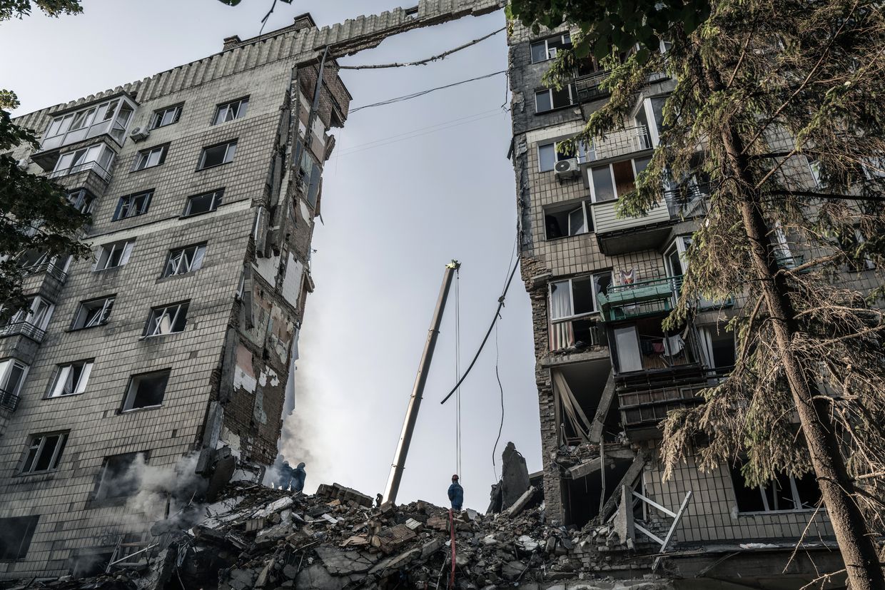 An apartment building is heavily damaged after an overnight drone and missile attack in Kyiv, Ukraine, on June 17, 2025. 