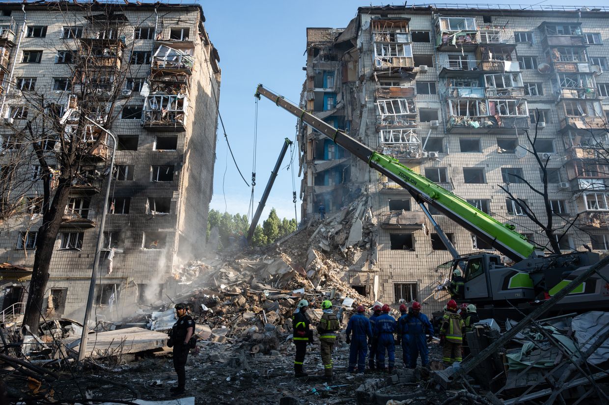 A view of a residential building damaged by a Russian attack in Kyiv, Ukraine, on June 17, 2025.