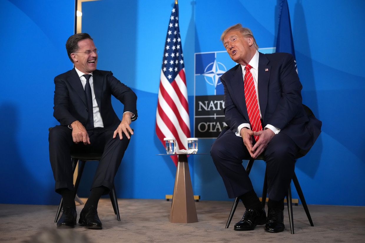 U.S. President Donald Trump (R) and NATO Secretary General Mark Rutte (L) speak to media at the start of the second day of the 2025 NATO Summit in The Hague, Netherlands, on June 25, 2025. 