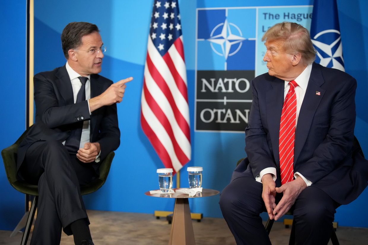 NATO Secretary General Mark Rutte (L) and U.S. President Donald Trump (R) speak to the media in The Hague, Netherlands, on June 25, 2025.