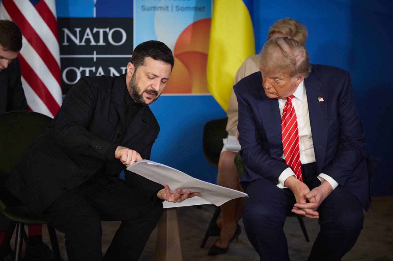 President Volodymyr Zelensky (L) and U.S. President Donald Trump (R) meet during the NATO Summit in The Hague, Netherlands, on June 25, 2025. 