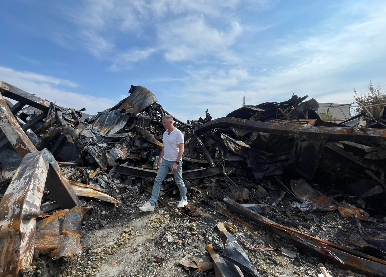 Oleksiy Tarnopolskiy on a ruins of his warehouse in Kyiv Oblast, Ukraine on June 18, 2025.