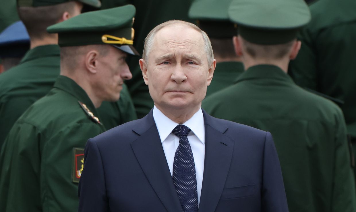Russian President Vladimir Putin, surrounded by armed forces officers in Moscow, Russia, on June 22, 2025.