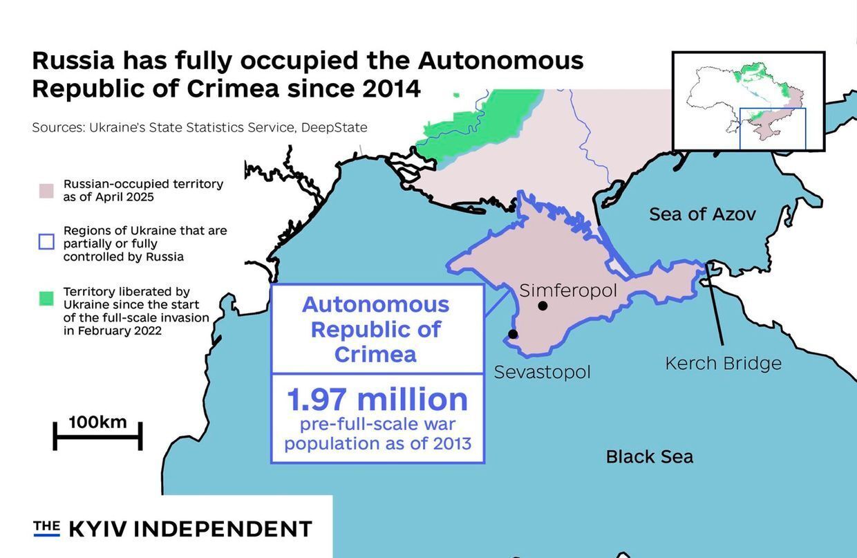 A map showing Russian control over Crimea and Ukrainian land on the Black Sea coast.