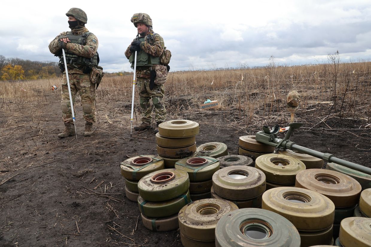  Explosives Service of Ukraine carry out demining works in Kharkiv Oblast, Ukraine, on Oct. 24, 2023.