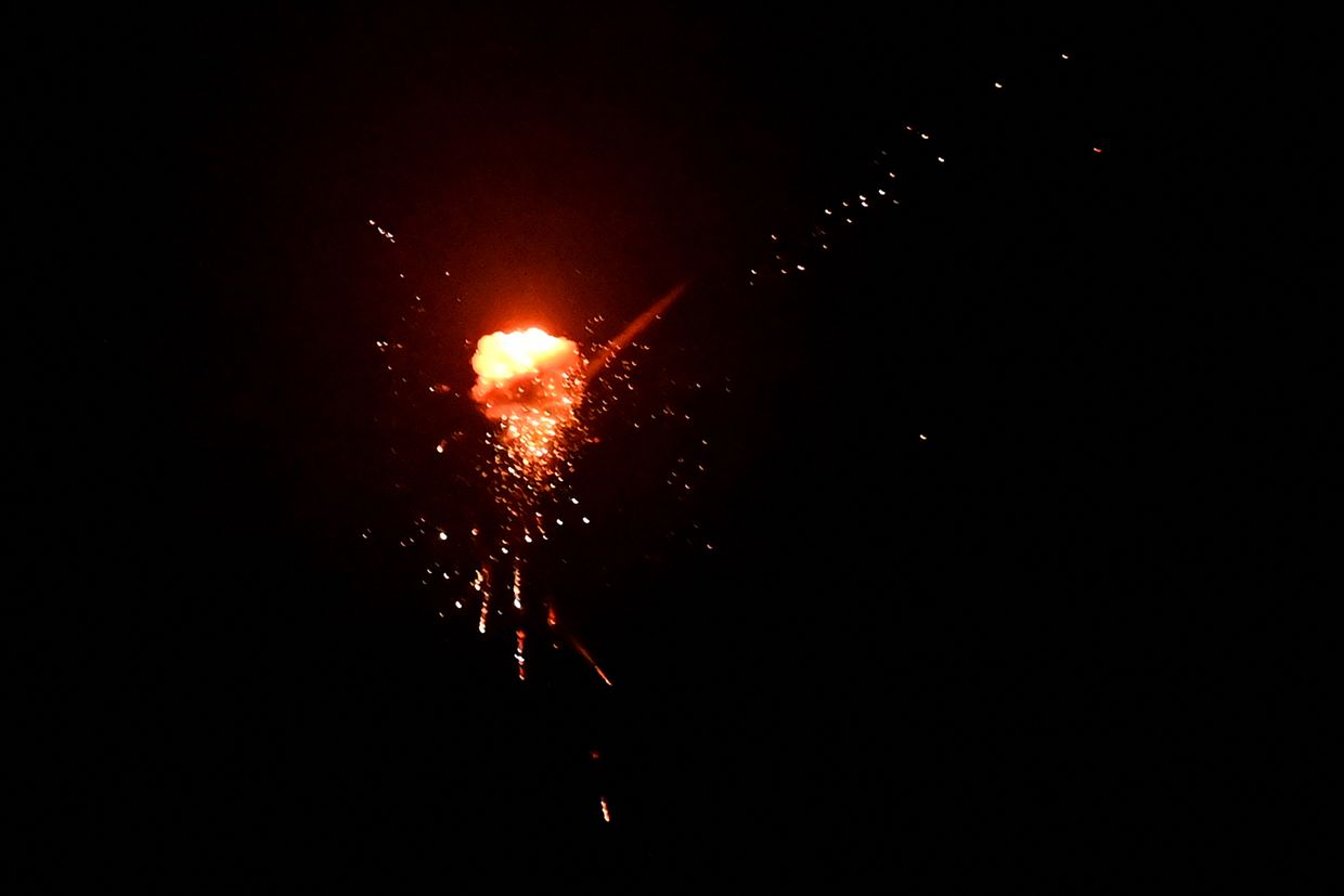 A Russian drone is shot down by Ukrainian air defences during a night strike in Kyiv, Ukraine, on June 17, 2025.