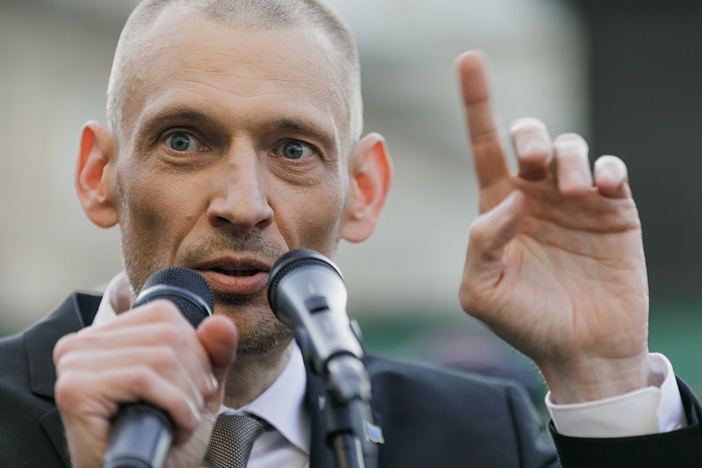 Siarhei Tsikhanouski, a former political prisoner, speaks during a meeting with the Belarusian diaspora in Warsaw, Poland, on June 26, 2025.