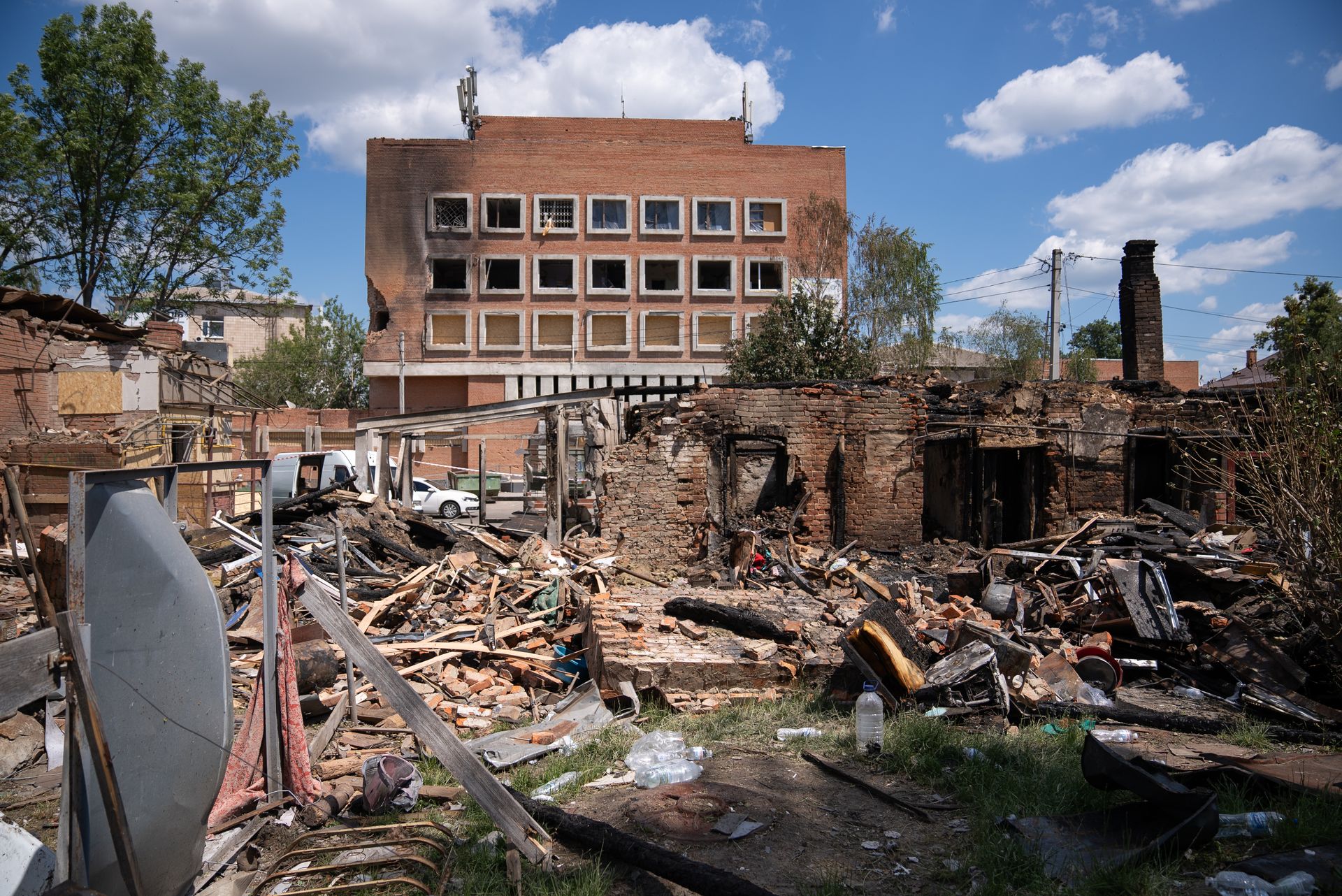 A residential building is destroyed after a Russian drone strike targeting a military enlistment center in Poltava, Ukraine, on July 4, 2025. 