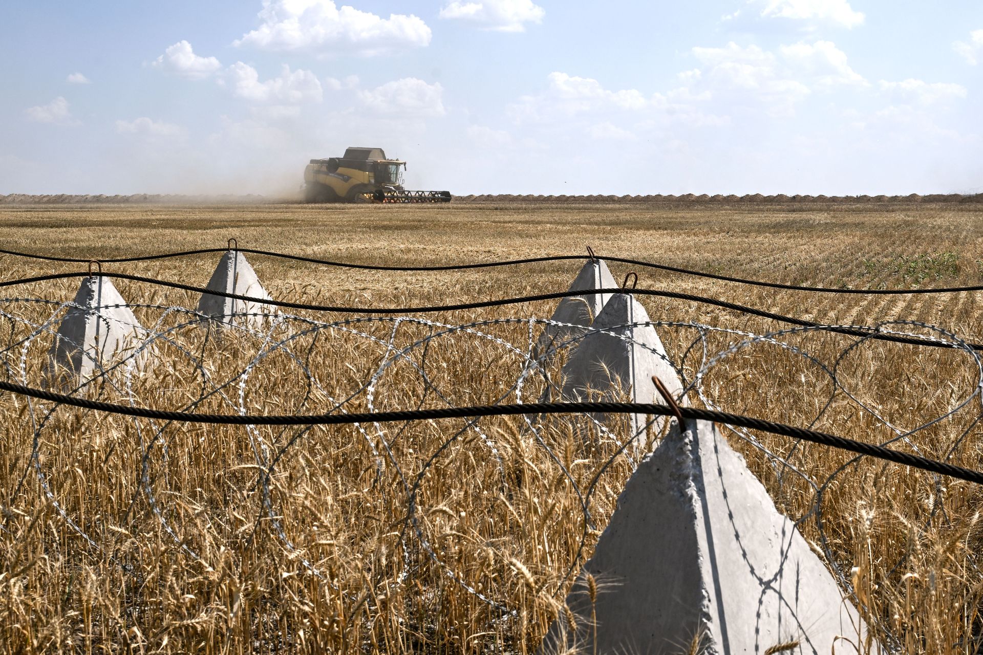A combine harvester collects grain crops along lines of anti-tank dragon’s teeth and barbed wire in a field near Orikhiv, Zaporizhzhia Oblast, Ukraine, on July 8, 2025. 