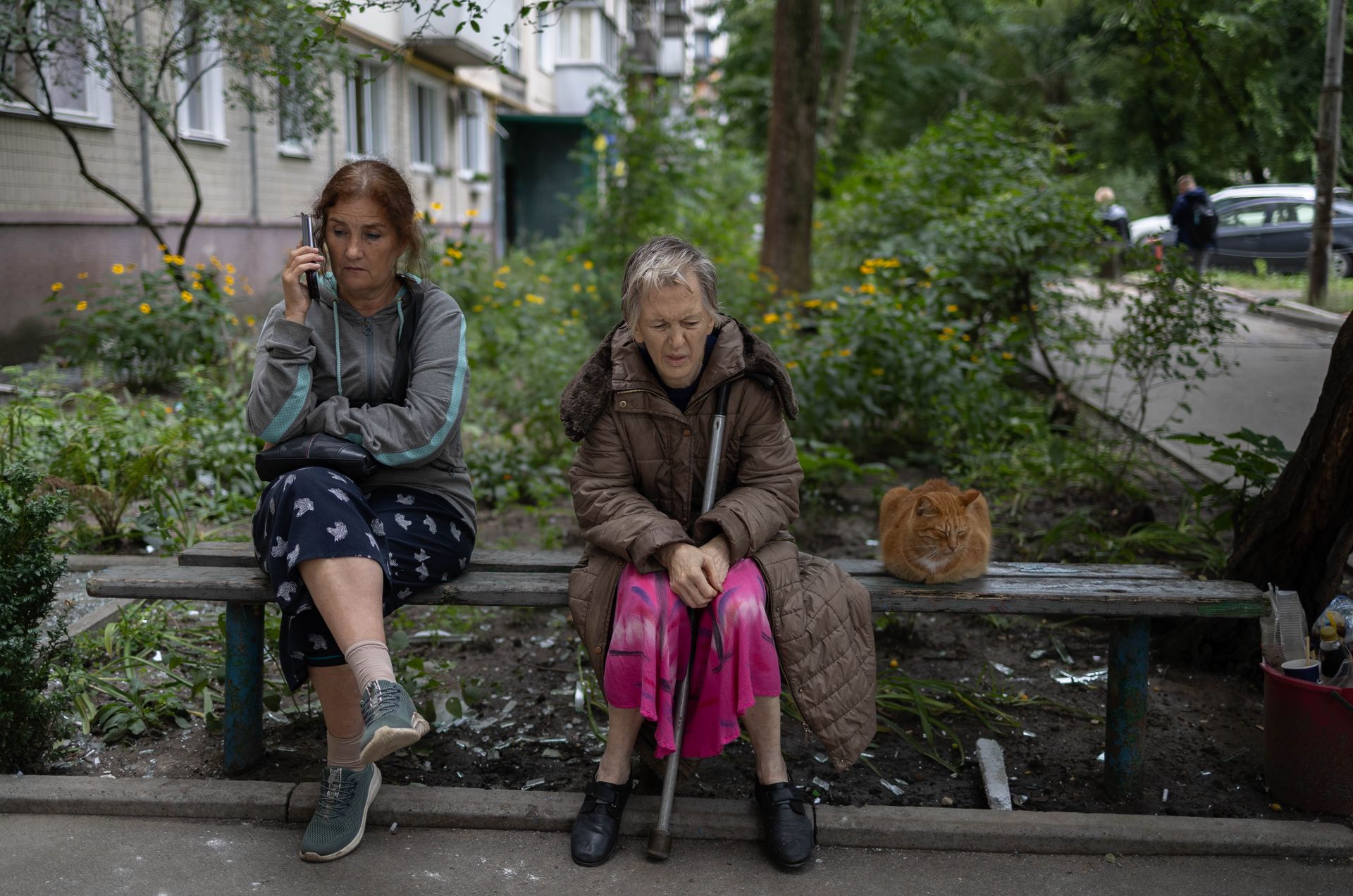 Anton Melnychonok, who was formerly in the army, near the house he lives in that was damaged due to Russian overnight attack in Kyiv, Ukraine on July 31, 2025. 