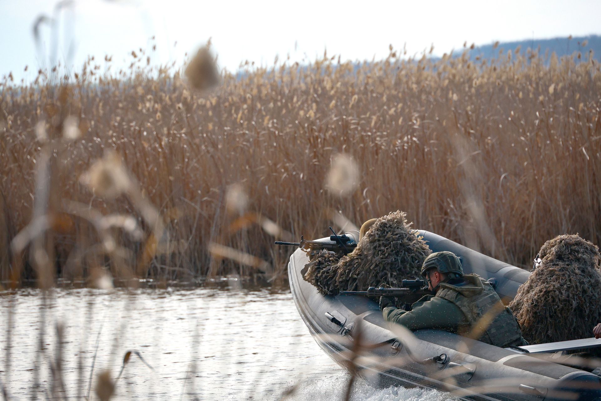 Soldiers of the 1st Battalion of the 40th Separate Coastal Defense Brigade during a drill in Kherson Oblast, Ukraine, on March 12, 2025.
