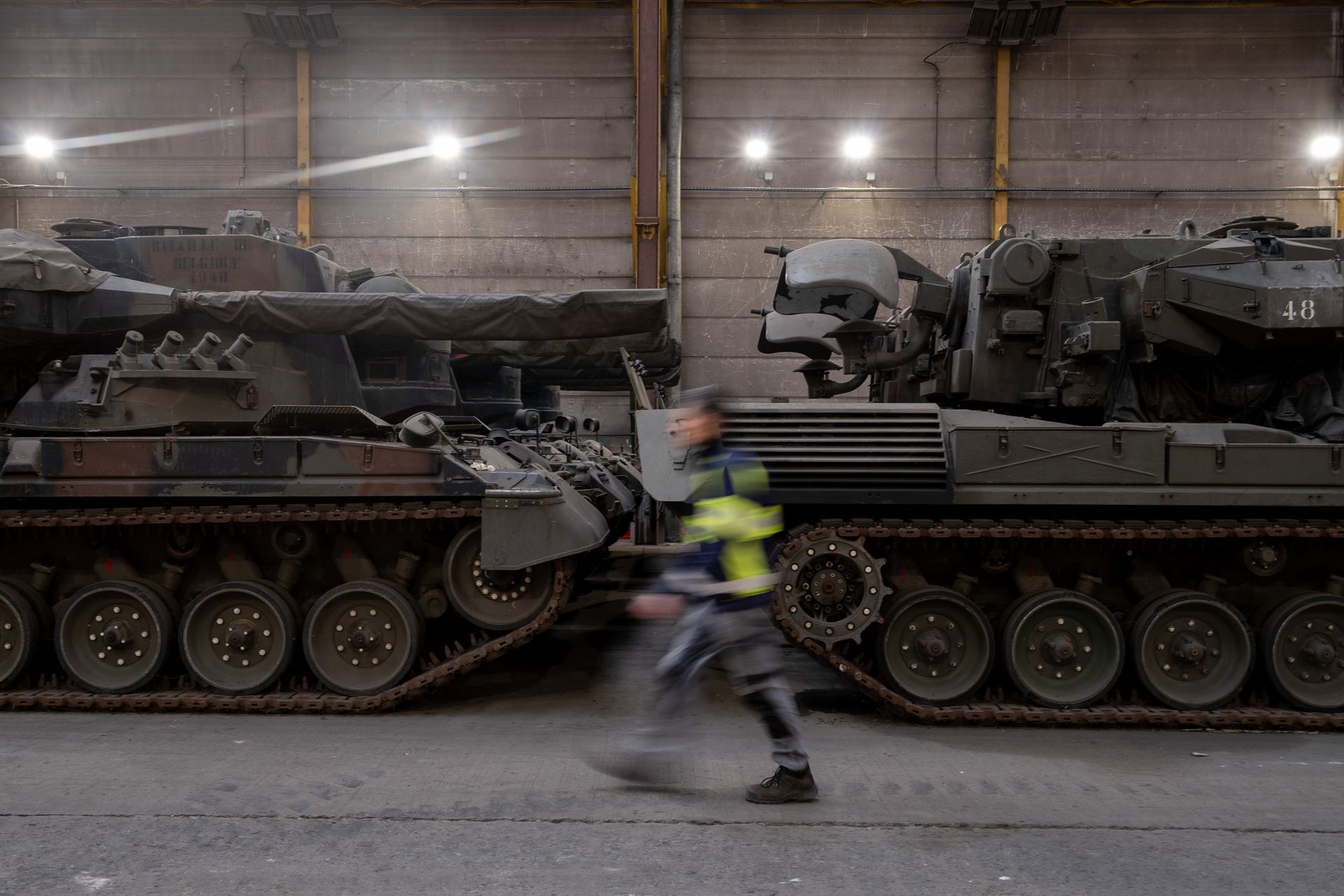 A Flakpanzer Gepard anti-aircraft gun tank is seen at the OIP Land Systems SA factory in Tournai, Belgium, on March 27, 2025.