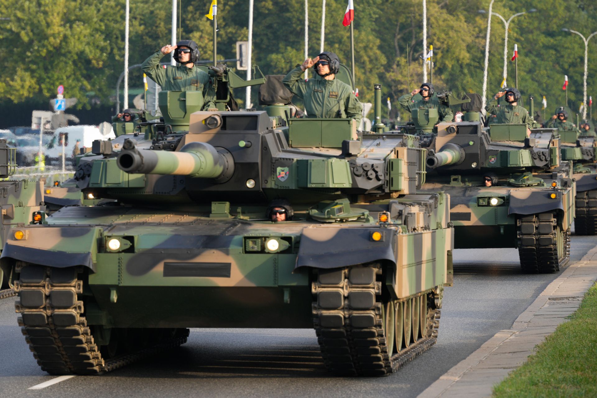 K2 tanks take part in early morning rehearsals for the upcoming annual military parade in Warsaw, Poland, on Aug. 10, 2025. 