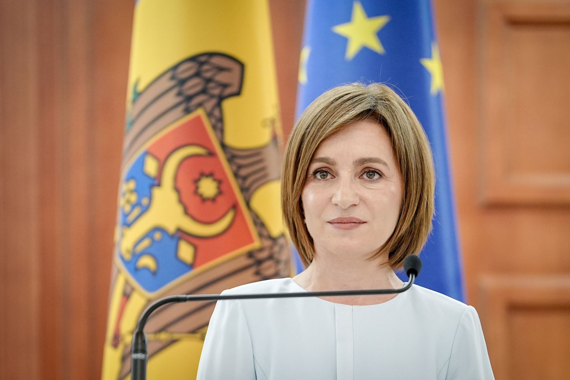 Moldovan President Maia Sandu gives a press conference at the presidential palace in Chișinău, Moldova, on Aug. 27, 2025.