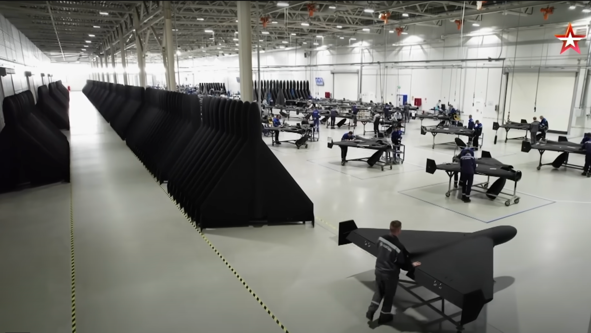 A screenshot from a Kremlin propaganda video showcasing its attack drone factory at the Alabuga industrial park near Kazan, Russia in an undated video. 