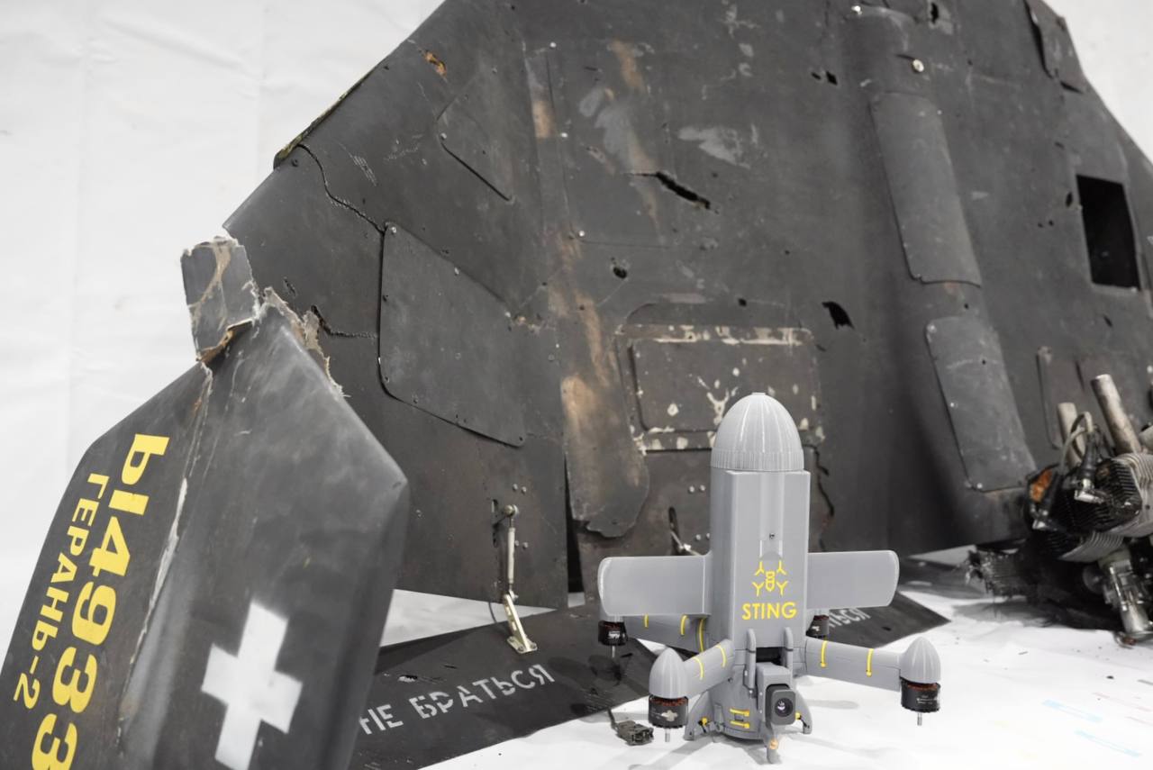 A destroyed Russian Heran-2 Shahed-type drone and a Sting drone interceptor in an undated photo. 
