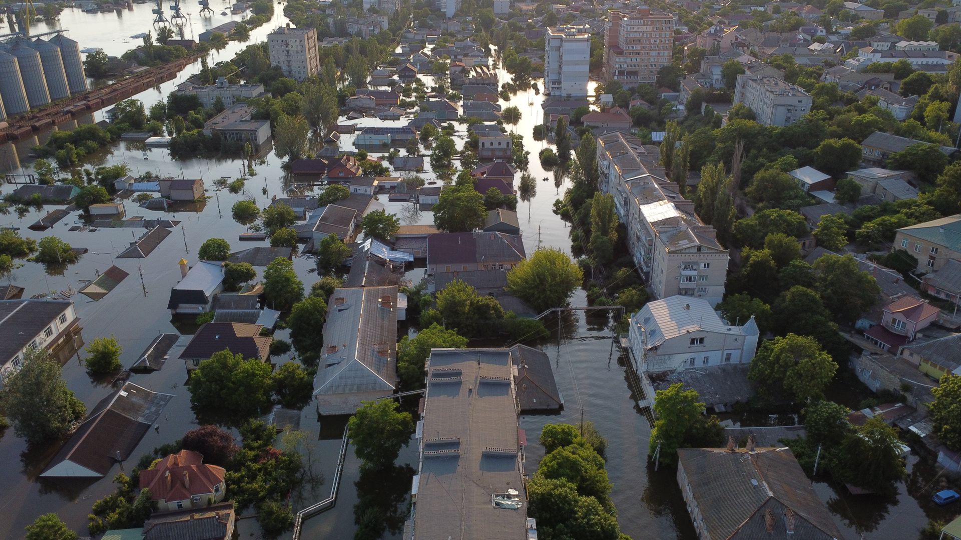 An aerial view shows residential districts in a flooded area of Kherson, Ukraine, on June 8, 2023, after Russian forces blew up the Kakhovka Dam. 