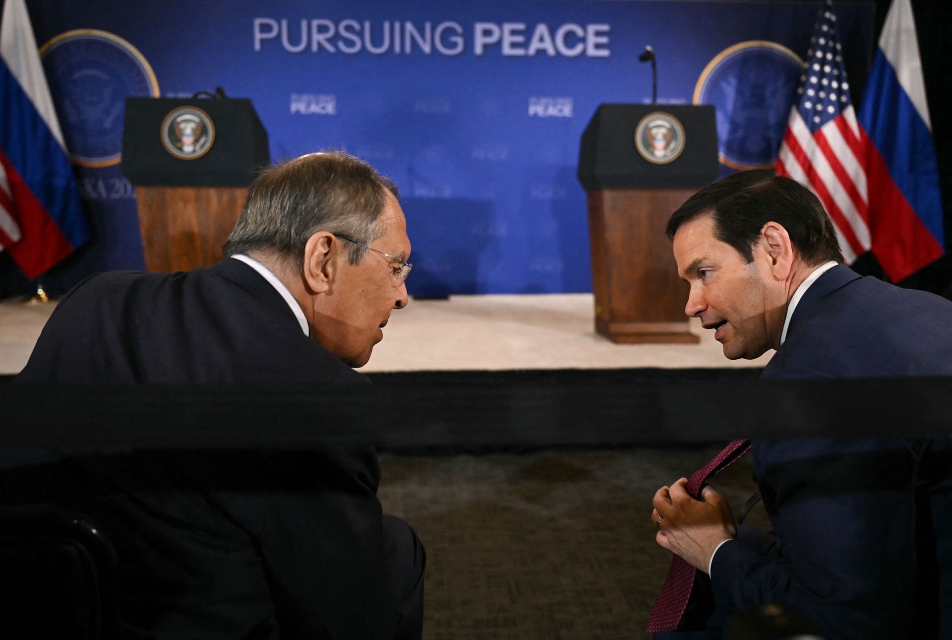 Russian Foreign Minister Sergei Lavrov (L) and U.S. Secretary of State Marco Rubio (R) in Anchorage, Alaska, U.S. on Aug. 15, 2025.