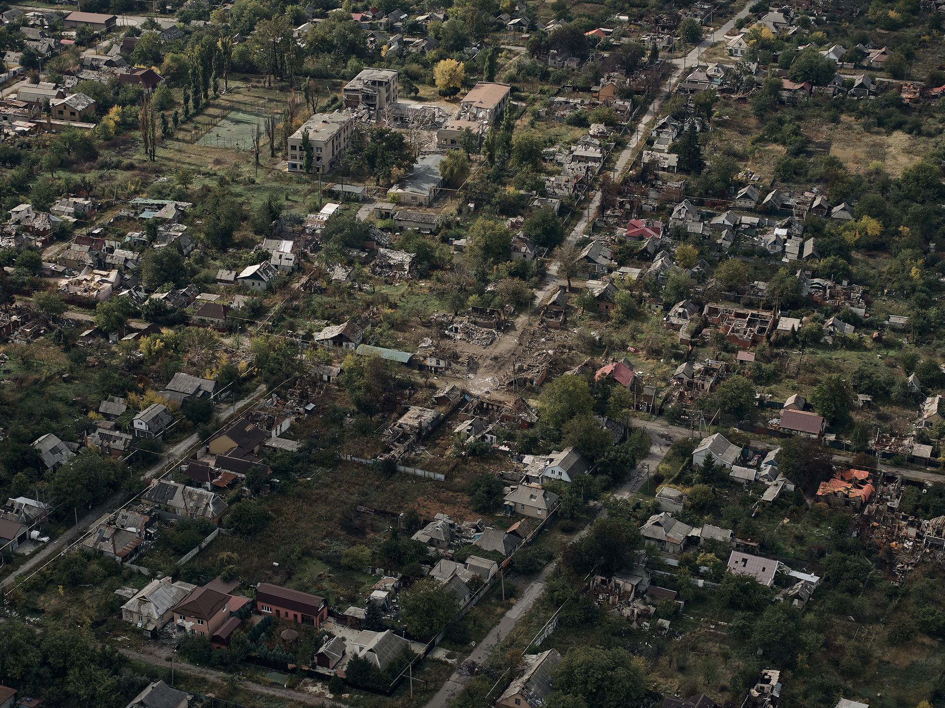 Aerial view shows the destroyed Pokrovsk, Ukraine, covered in morning fog after months of intense fighting near the front line, on Oct. 7, 2025.
