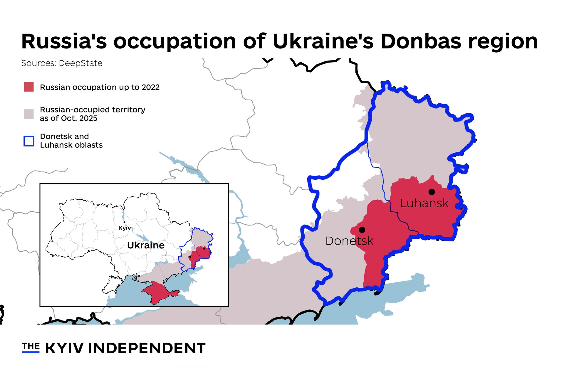 Russia's occupation of Donbas in eastern Ukraine, showing Ukraine's Donetsk and Luhansk oblasts and cities of Donetsk and Luhansk.
