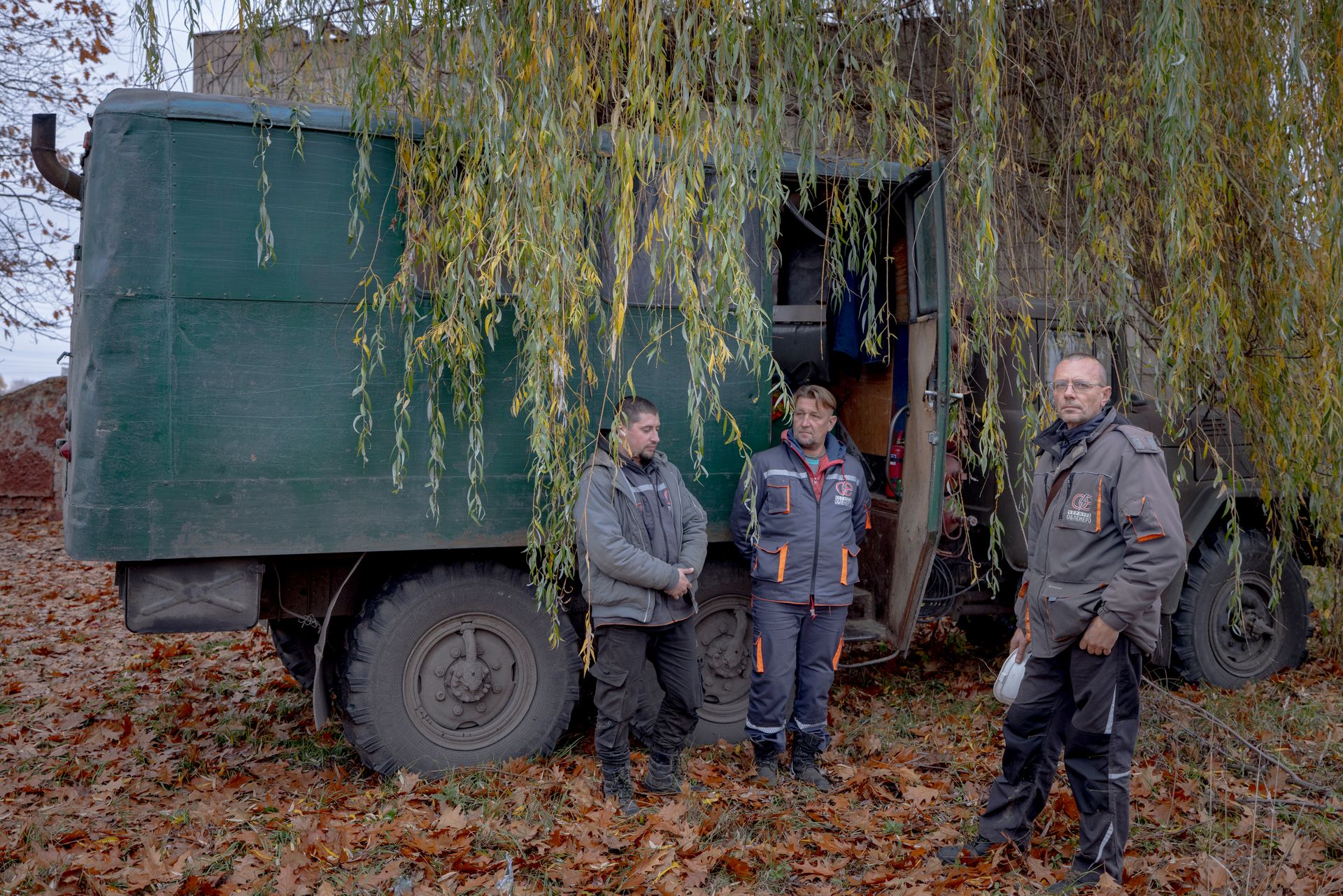 Energy specialists of JSC Chernihivoblenergo in Horodnya, Chernihiv Oblast, Ukraine, on Nov. 6, 2025.