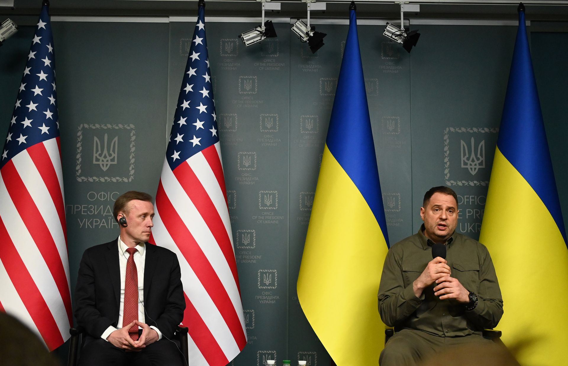 Then-U.S. National Security Adviser Jake Sullivan (L) and Andriy Yermak, Head of the Presidential Office of Ukraine (R), attend a press briefing in Kyiv, Ukraine, on March 20, 2024.
