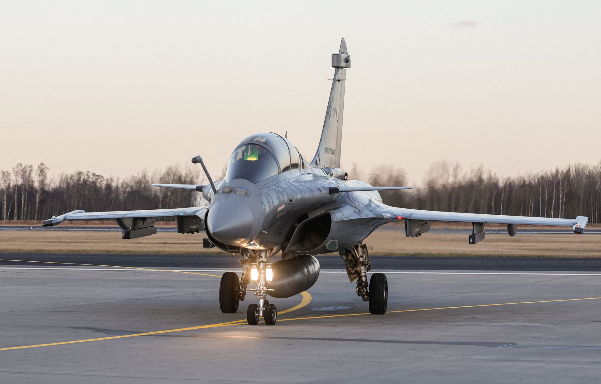 A Rafale B F4-standard fighter jet of the French Air Force prepares for takeoff in Lithuania on Dec. 17, 2024.