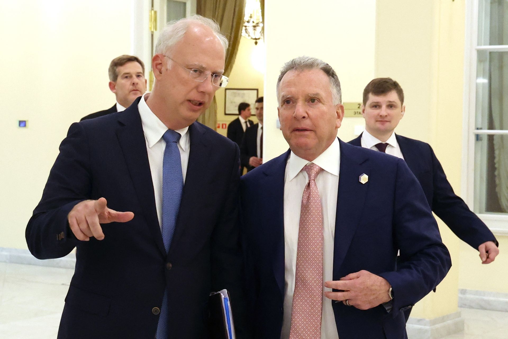 Russia’s top economic negotiator Kirill Dmitriev speaks with U.S. President Donald Trump’s envoy Steve Witkoff in St. Petersburg, Russia, on April 11, 2025