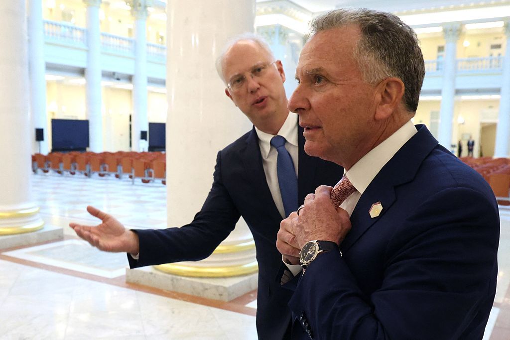 Russia's top economic negotiator Kirill Dmitriev talks to US President Donald Trump's Envoy Steve Witkoff in Saint Petersburg on April 11, 2025.