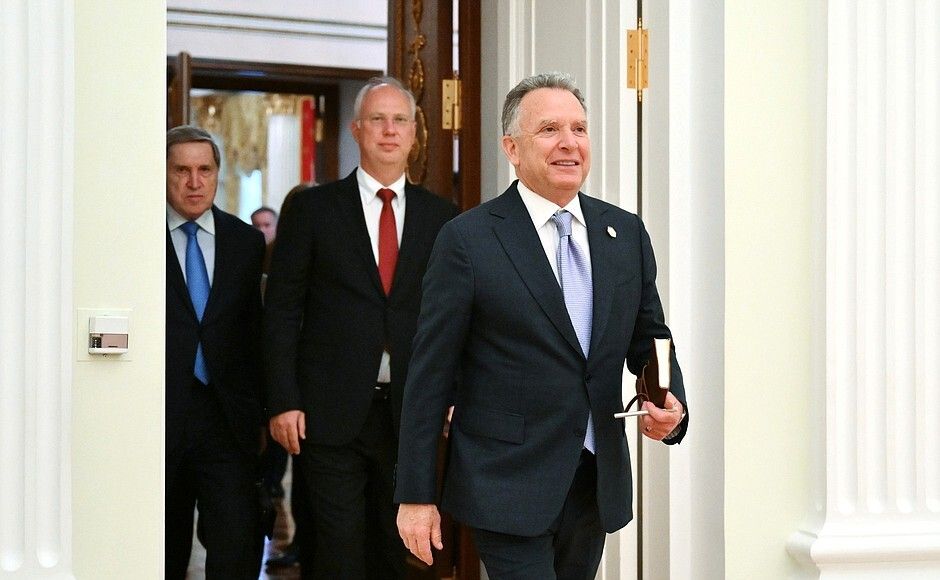 Special Envoy of the U.S. President Steven Witkoff (R) followed by Kirill Dmitriev, Russia's top economic negotiator (C), and Kremlin foreign policy aide Yuri Ushakov (L) in Moscow, Russia, on April 25, 2025. 