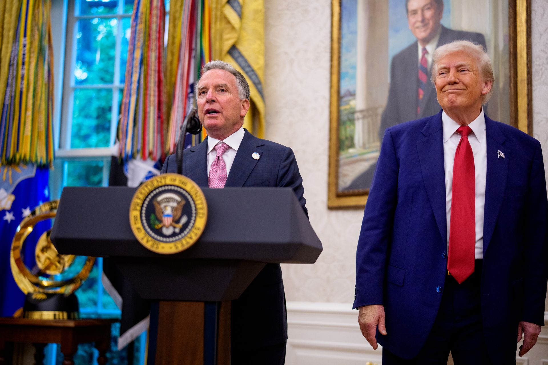 U.S. Special Envoy to the Middle East Steve Witkoff (L) and U.S. President Donald Trump (R) in the Oval Office of the White House in Washington, D.C., U.S. on May 28, 2025.