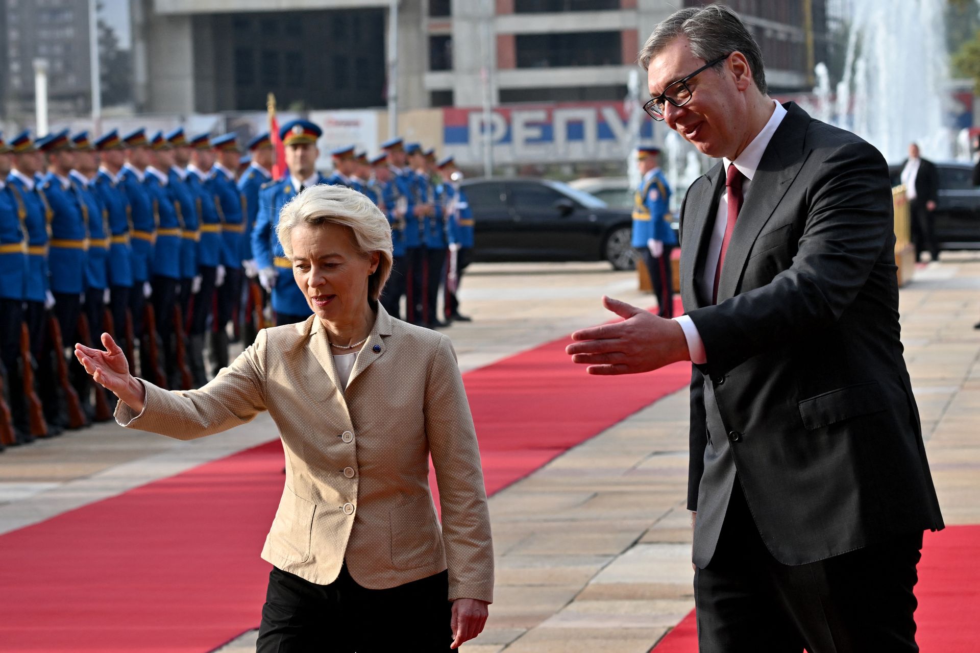 Serbia’s President Aleksandar Vučić (R) greets President of the European Commission Ursula von der Leyen (L) before their meeting in Belgrade, Serbia, on Oct. 15, 2025. 