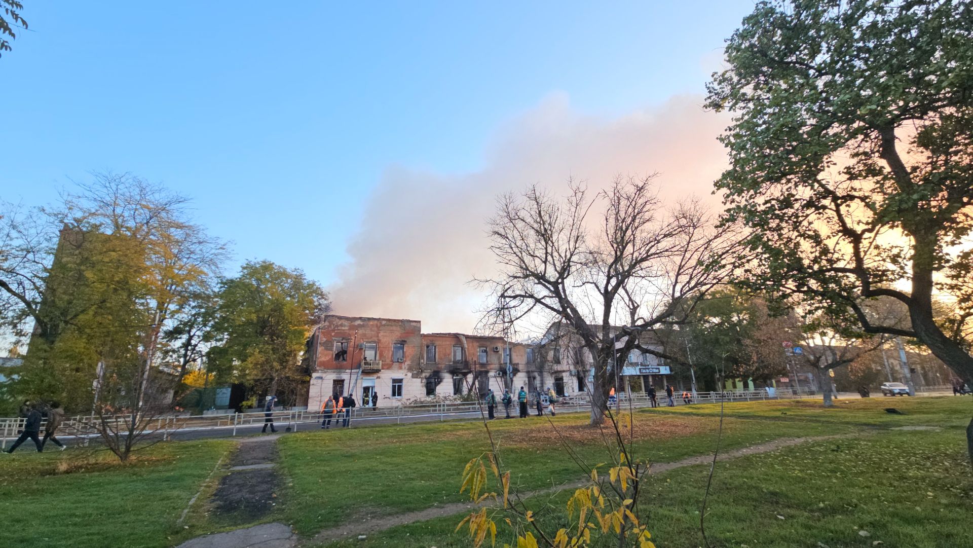 A view of the destruction caused by an overnight drone attack in the Korabelnyi district of Kherson, Ukraine, on Oct. 21, 2025. 