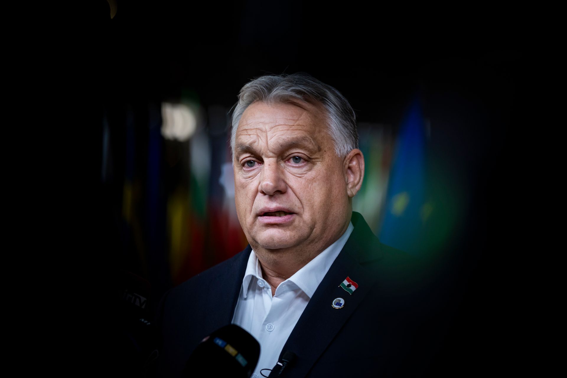 Hungary’s Prime Minister Viktor Orban gives a doorstep press briefing after the European Council Summit at EU headquarters in Brussels, Belgium, on Oct. 23, 2025.