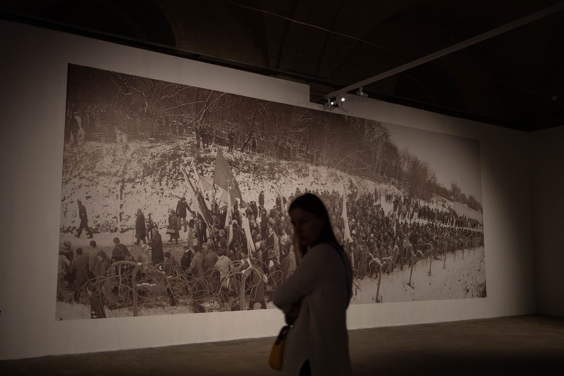 An archival photo from the reburial of Vasyl Stus at an exhibition dedicated to him in Kyiv, Ukraine on Nov. 13, 2025. 