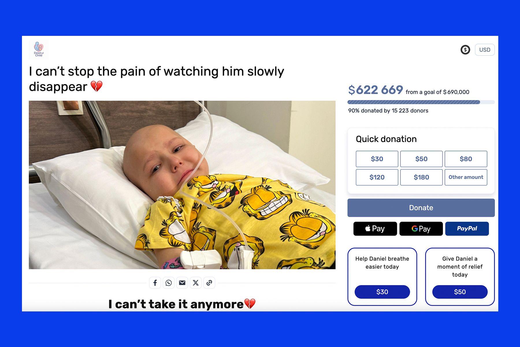 An English-language version of Daniel’s fundraising campaign website is shown in a screenshot dated Dec. 10, 2025.