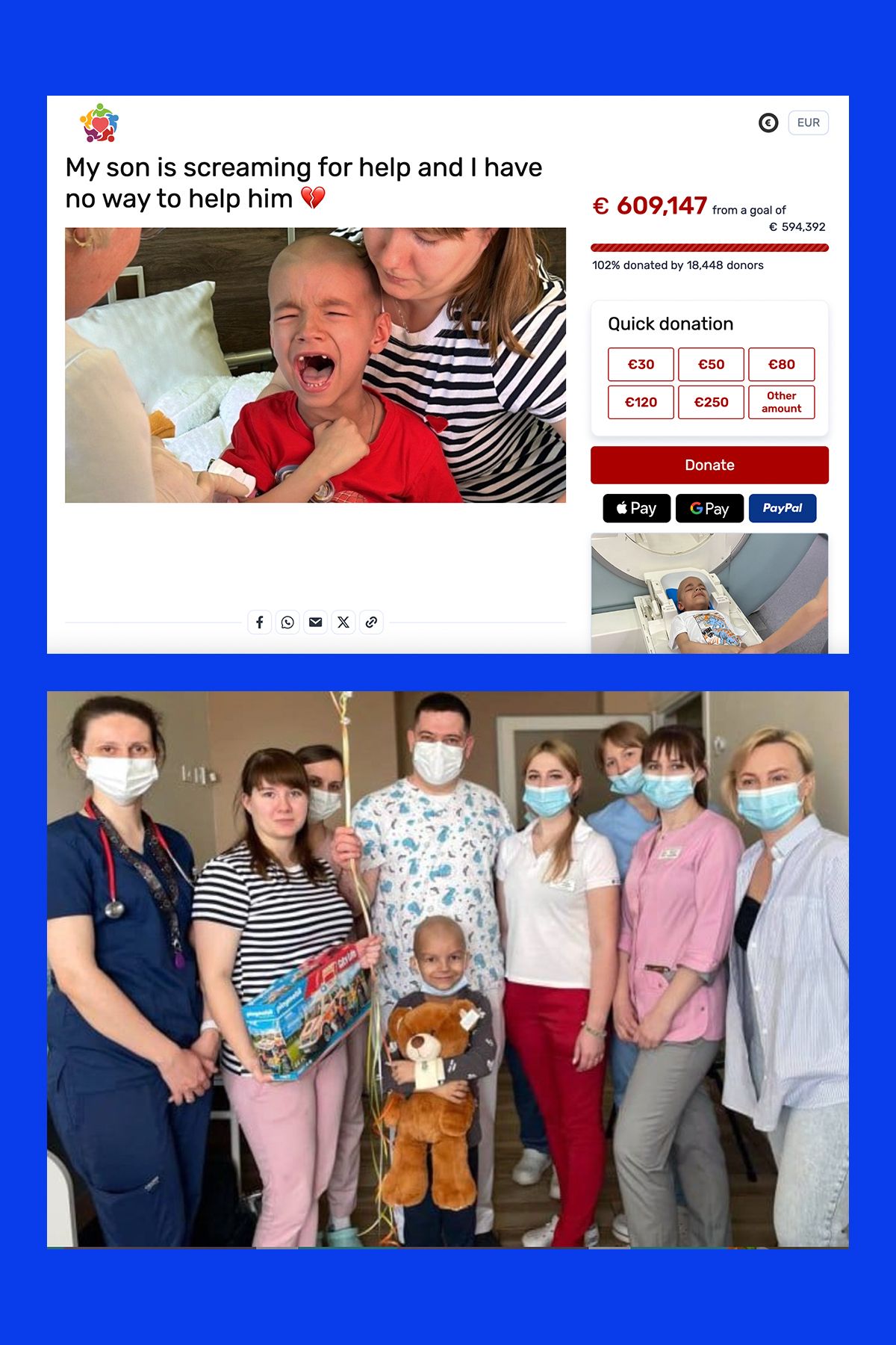 An English-language version of Alex’s fundraising campaign website is shown in a screenshot dated Nov. 11, 2025.