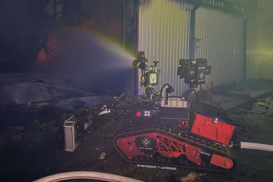 The Colossus firefighting robot is seen extinguishing flames at an undisclosed location in Ukraine in an undated photo.