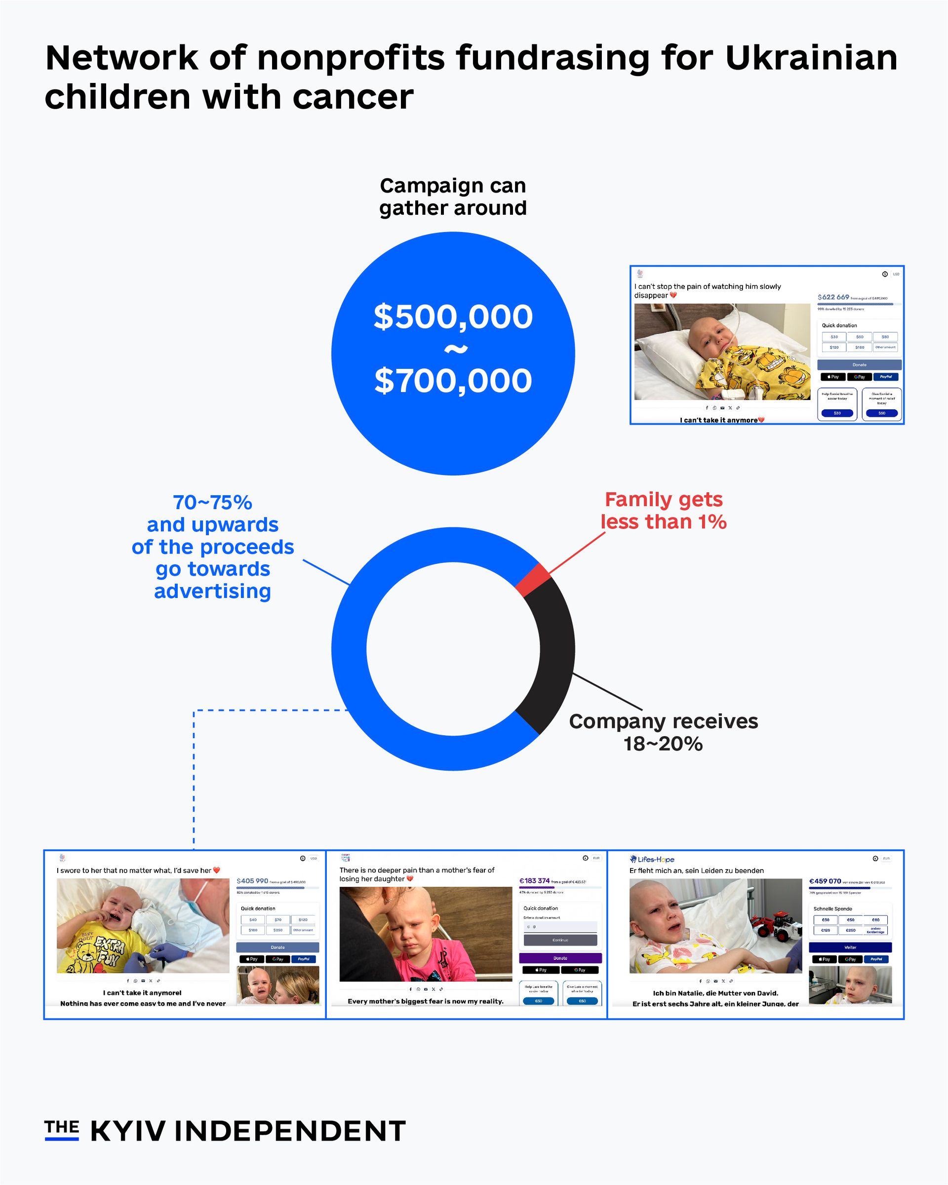 An approximate breakdown shows how funds raised by a network of nonprofits were allegedly spent instead of reaching Ukrainian children.