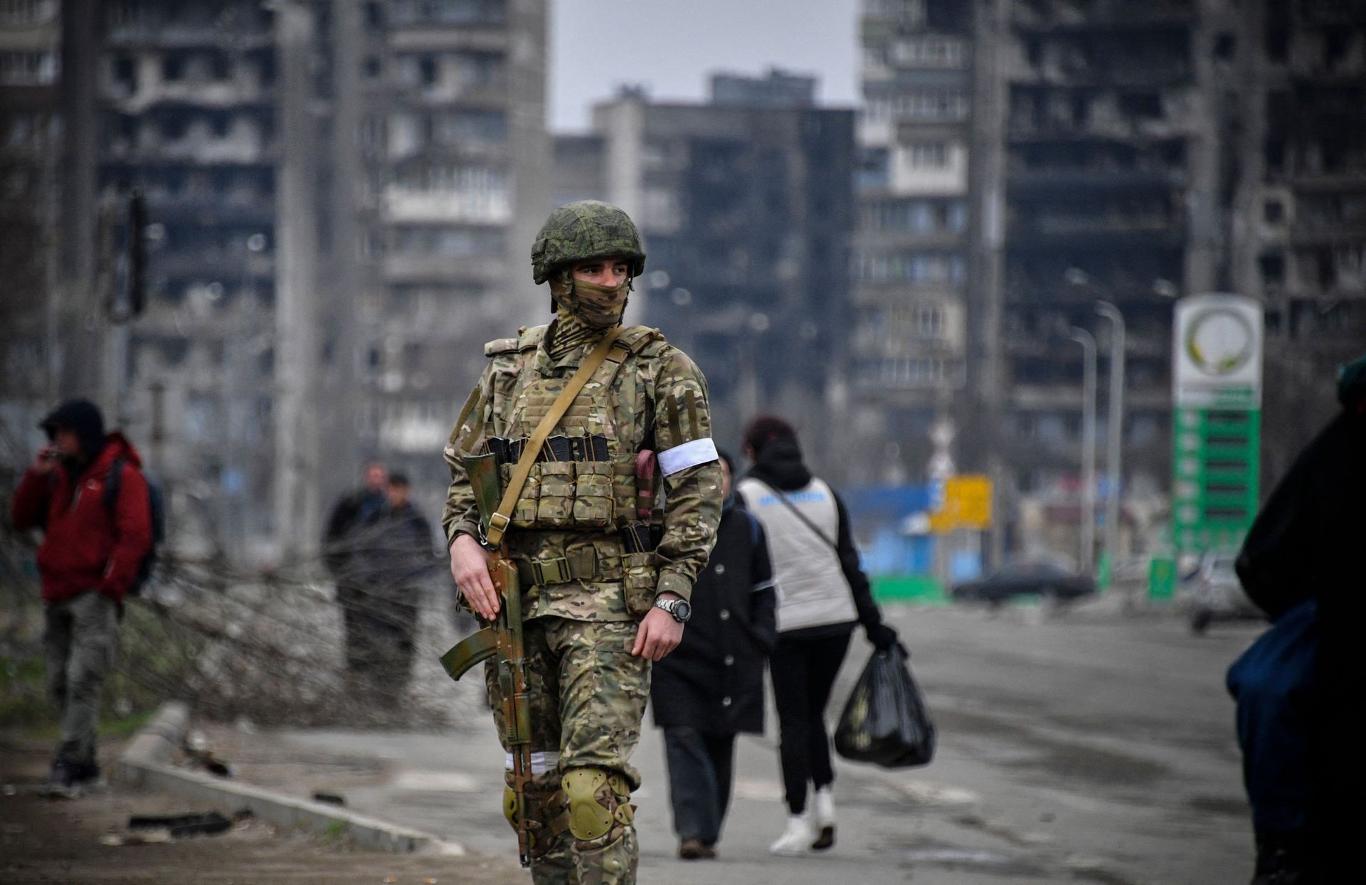 A Russian soldier on a street in Mariupol, Ukraine, on April 12, 2022.
