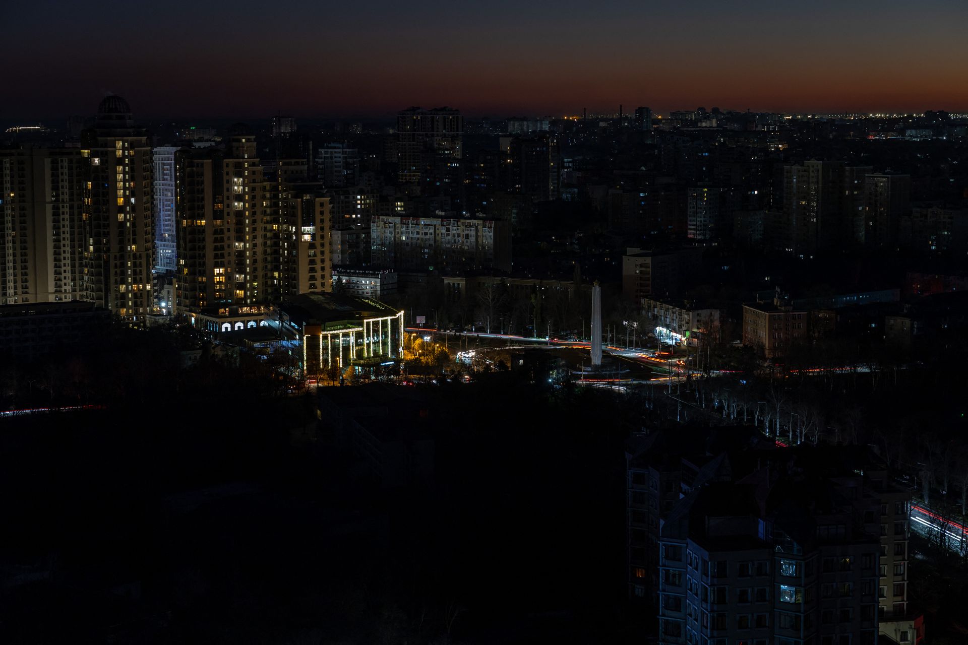 A general view shows parts of Odesa without power following missile and drone attacks on energy infrastructure in Odesa, Ukraine, on Dec. 13, 2025