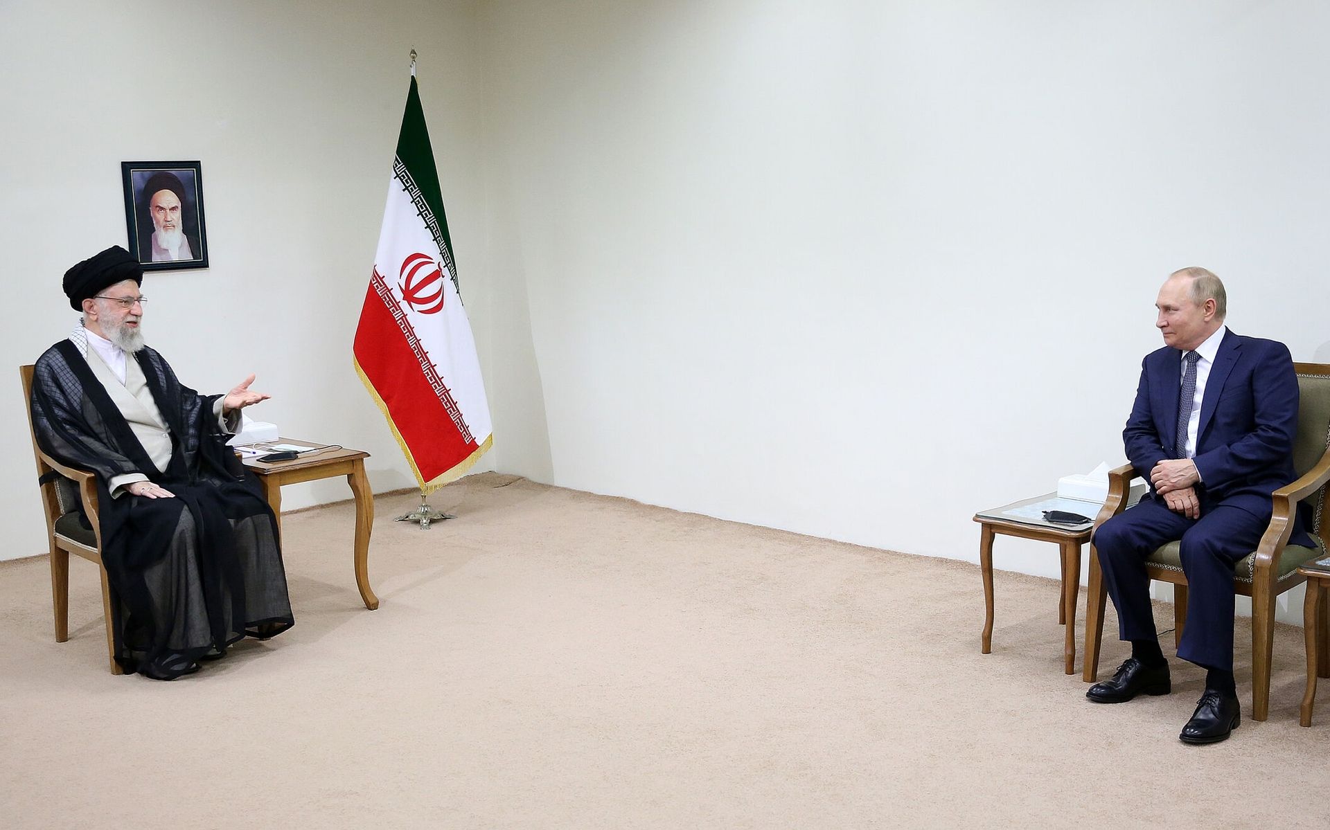 Iran’s Supreme Leader Ali Khamenei (L) meets with Russian President Vladimir Putin (R) in Tehran, Iran, on July 19, 2022. 
