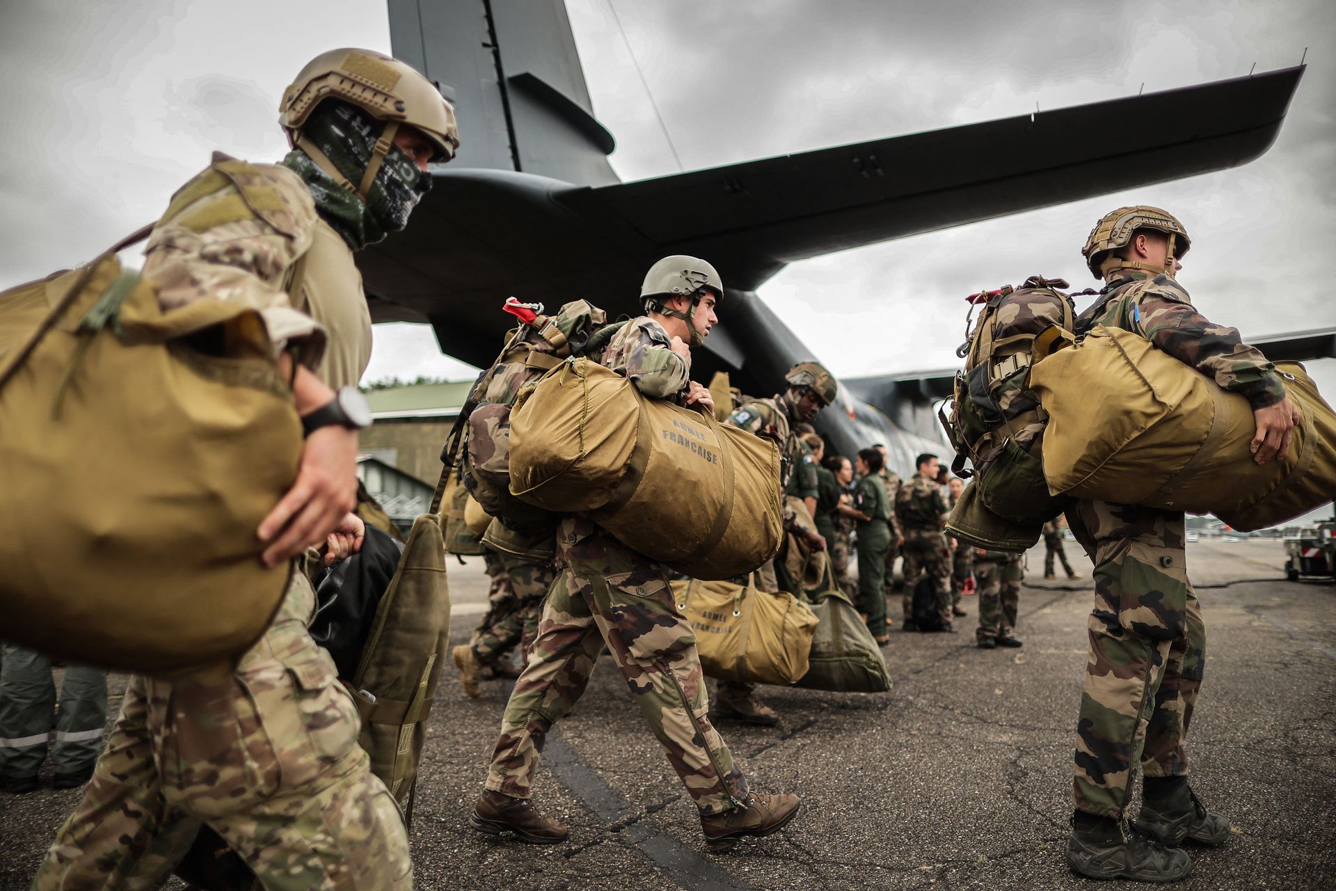 French soldiers from the 1st Parachute Fighter Regiment of Pau board a French Airbus A400M during a French Air Force training exercise at Mont-de-Marsan Air Base in Mont-de-Marsan, France, on Oct. 6, 2022.