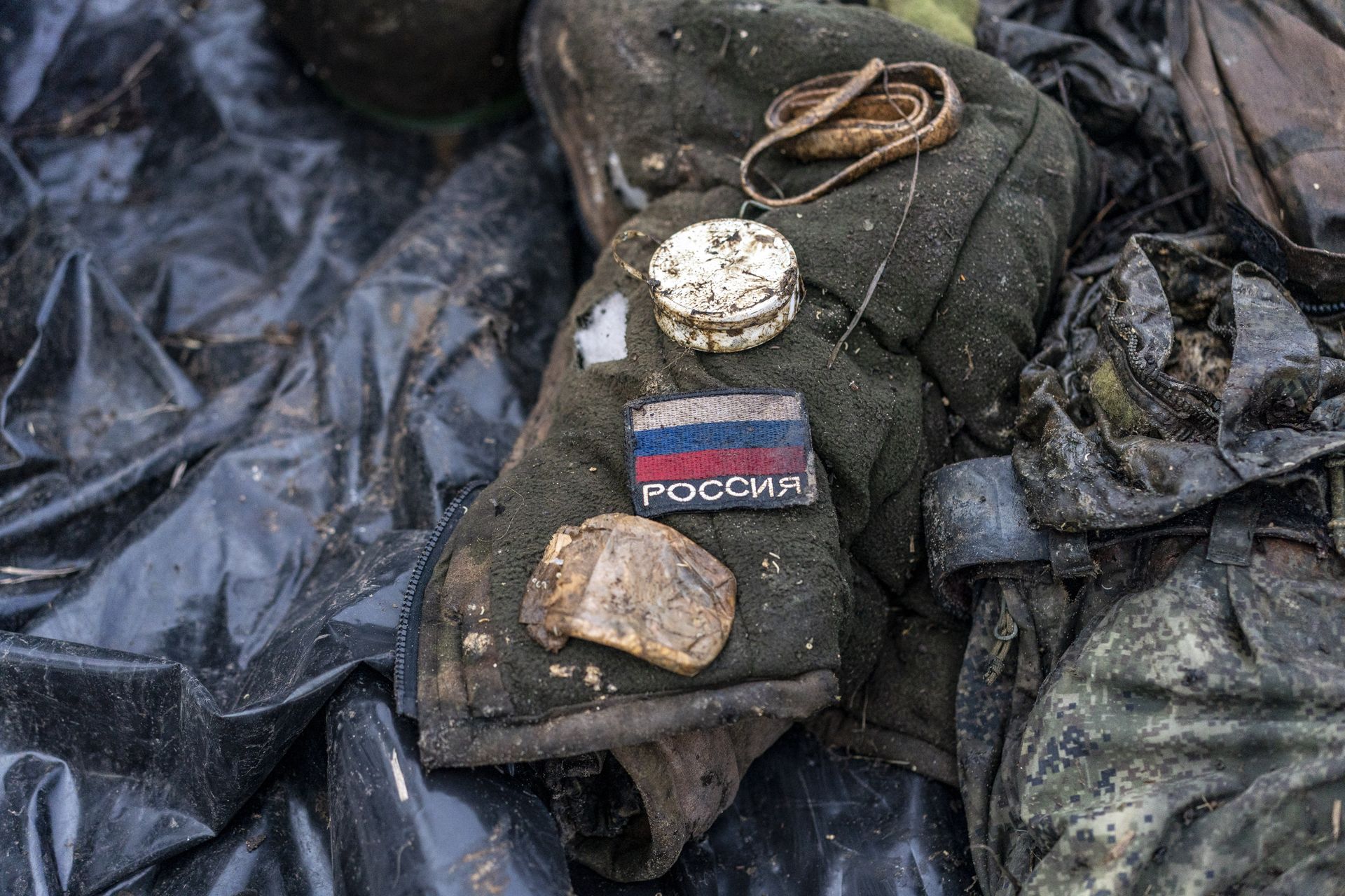 Personal belongings of a fallen Russian soldier in Donetsk Oblast, Ukraine, on Feb. 24, 2024. 