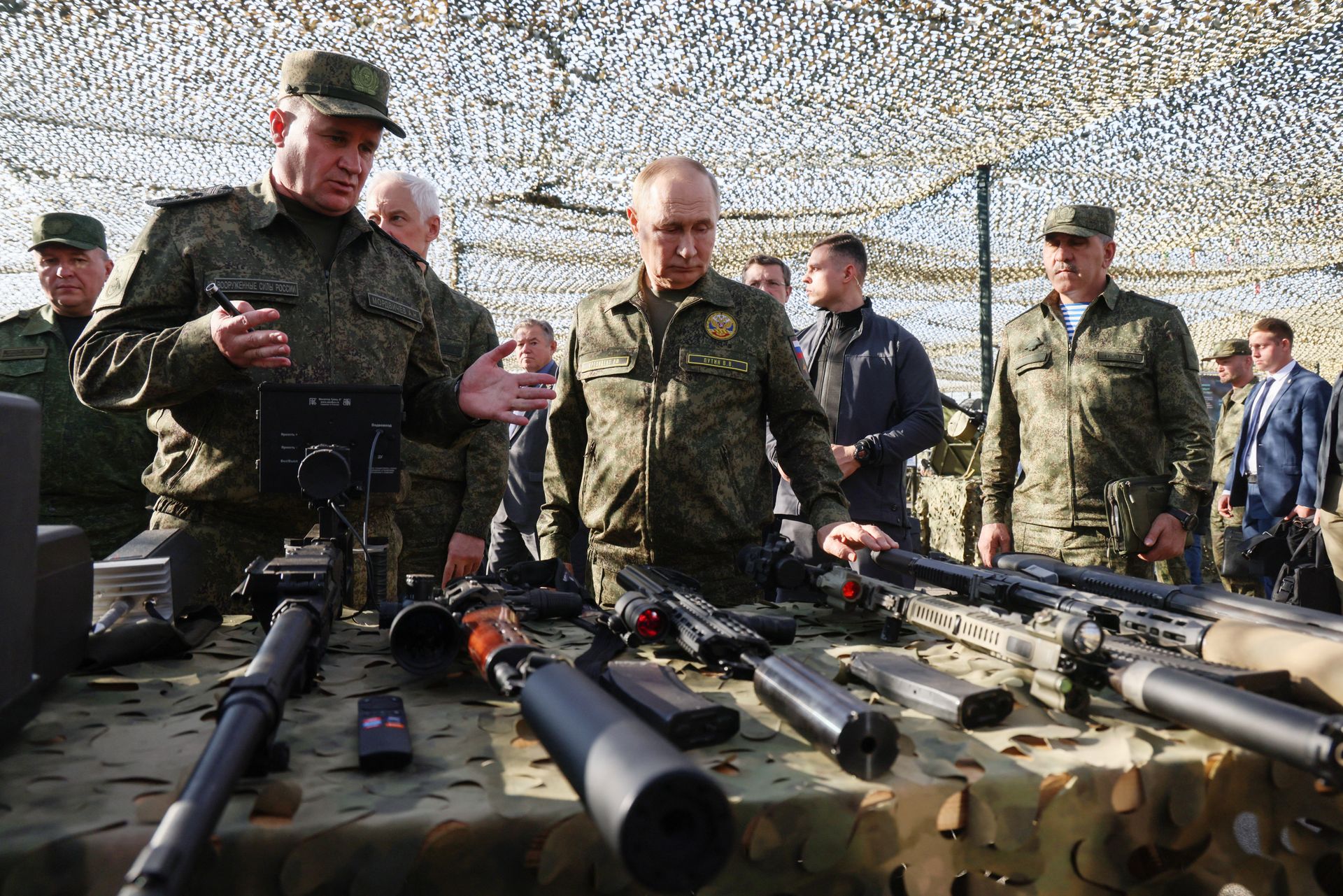 Russia’s President Vladimir Putin tours an exhibition of military equipment while inspecting the Zapad-2025 joint Russian-Belarusian military drills at a training ground in Nizhny Novgorod Oblast, Russia, on Sept. 16, 2025.