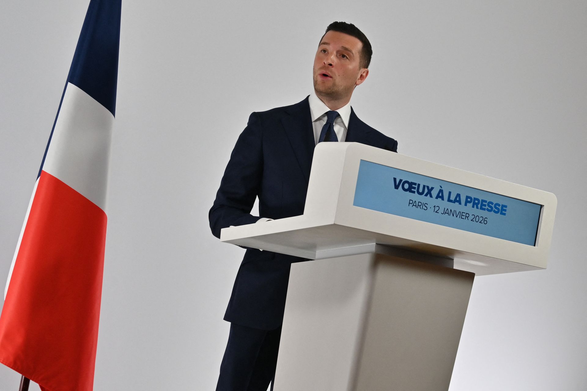 Jordan Bardella delivers his New Year wishes to the press in Paris, France, on Jan. 12, 2026. 