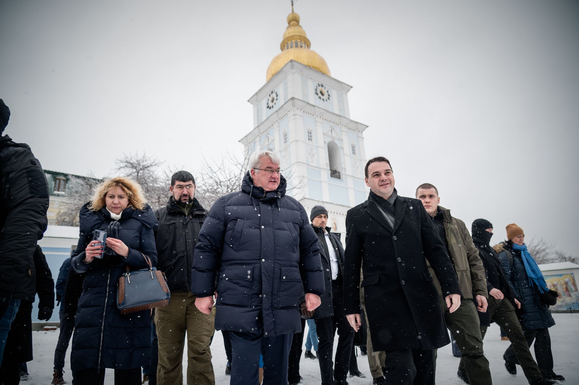 Ukrainian Foreign Minister Andrii Sybiha and Czech Foreign Minister Petr Macinka walk along a snow-covered street in Kyiv, Ukraine, on Jan. 9, 2026.